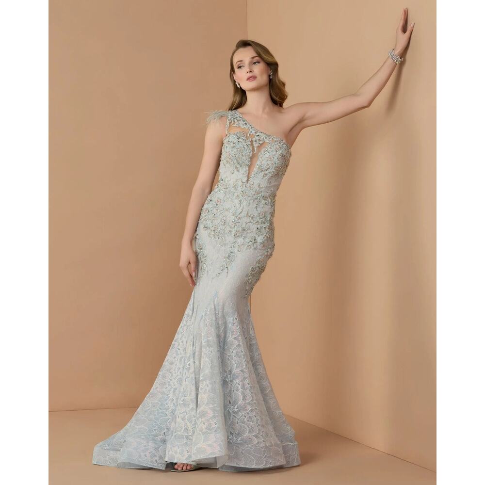 Mac Duggal 79264 Blue Embellished Lace One Shoulder Gown With Feather Sz 12 NWOT